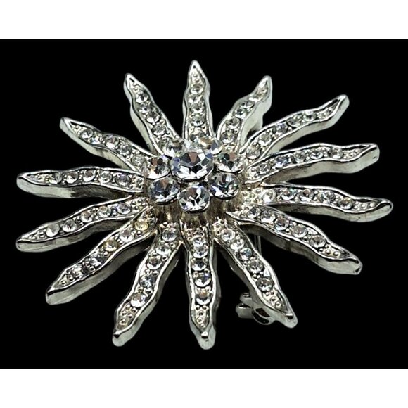 Vintage Clear Rhinestone Starburst Brooch Pin Silver Tone Costume Jewelry - Picture 4 of 10